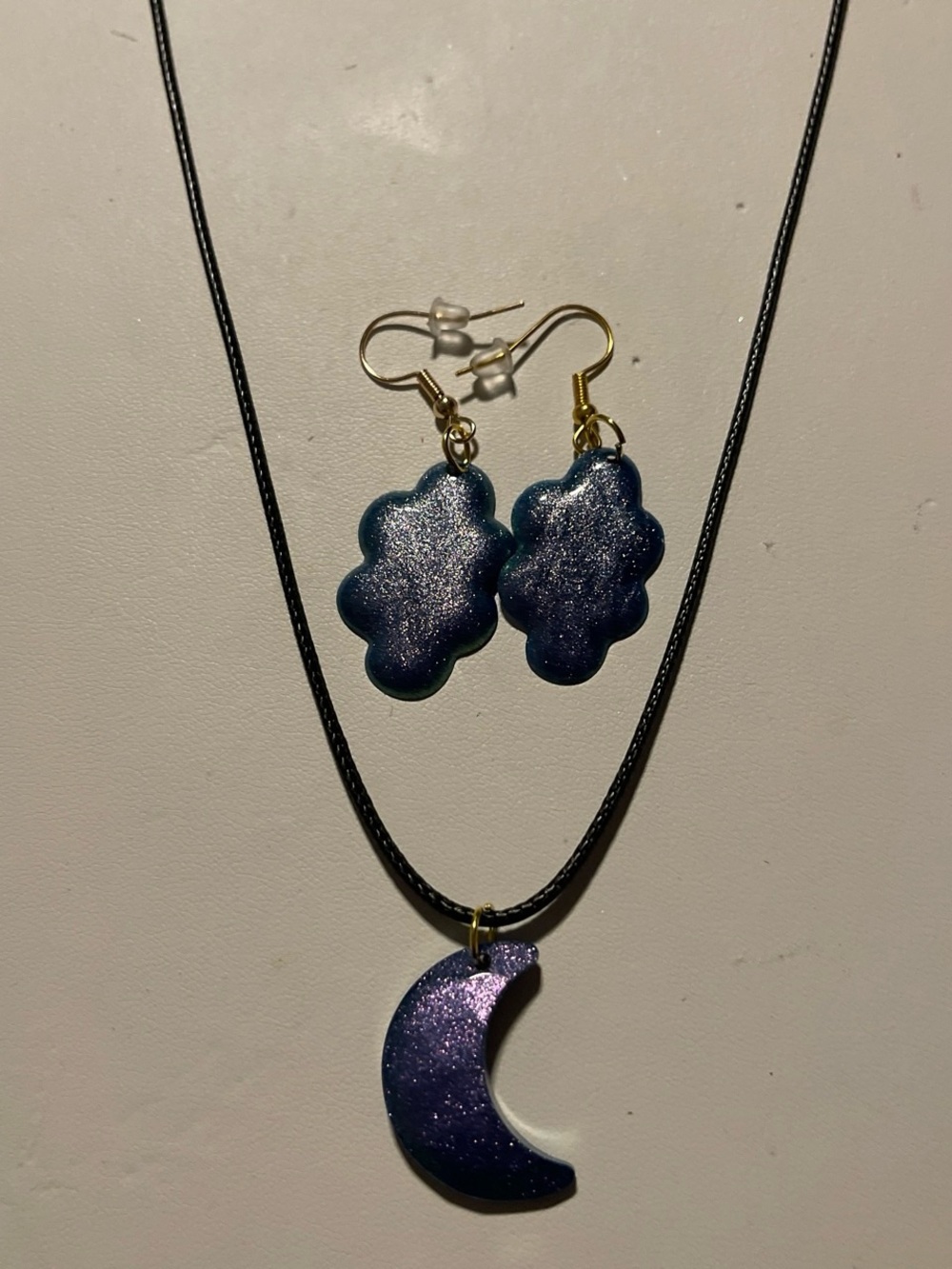 Night Sky Crescent Moon Necklace with Cloud Earrings - Blue